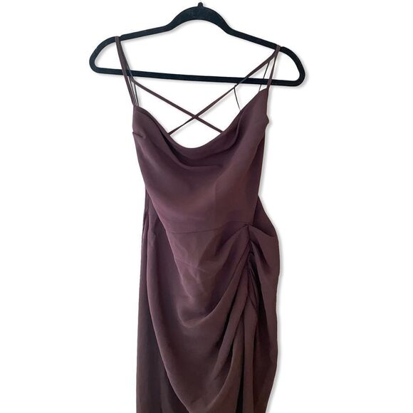 Amanda Uprichard Jasalina Brown Asymmetrical Ruched Midi Dress strappy Revolve L - Picture 5 of 9